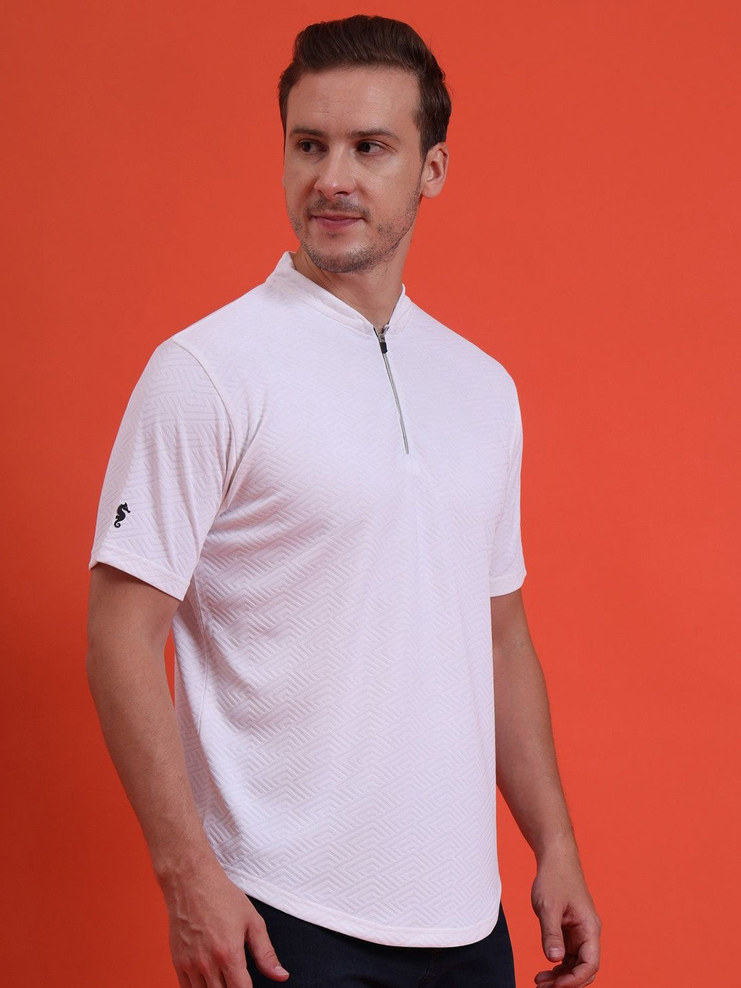 Men Mandarin Collar Tee Casual Wear Half Sleeve Polyester Textured T-shirt