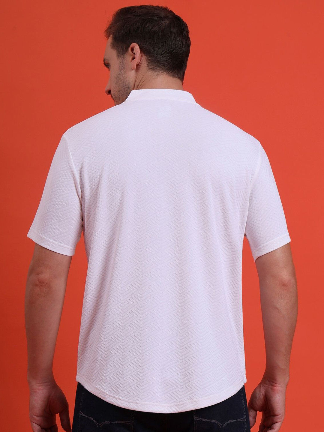 Men Mandarin Collar Tee Casual Wear Half Sleeve Polyester Textured T-shirt