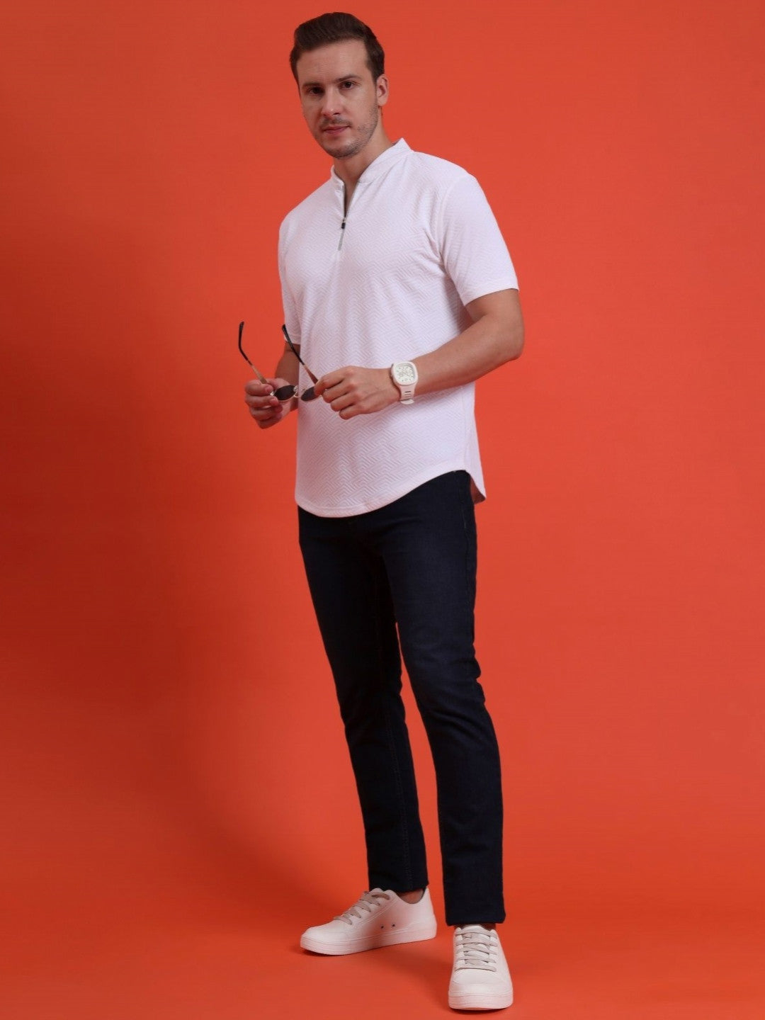 Men Mandarin Collar Tee Casual Wear Half Sleeve Polyester Textured T-shirt