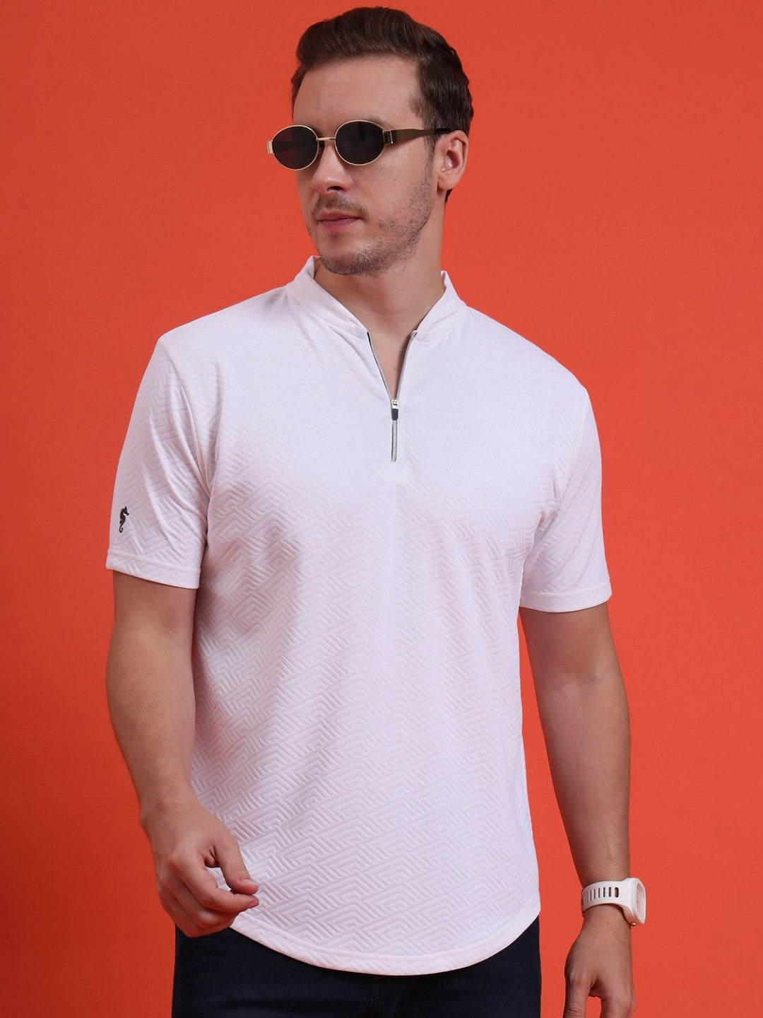 Men Mandarin Collar Tee Casual Wear Half Sleeve Polyester Textured T-shirt